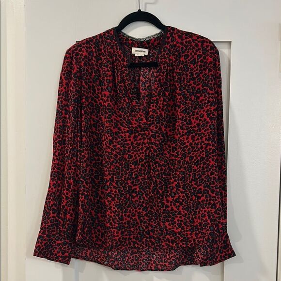 Zadig & Voltaire Tops - Zadig & Voltaire Black and Red Leopard Print V-Neck Blouse, Size Medium